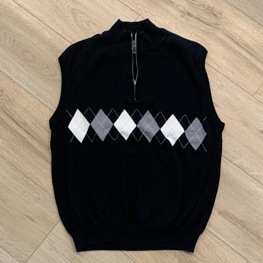 Lyle & Scott Black and Gray Argyle Zip-Up Sweater Vest Size M 100%combed cotton